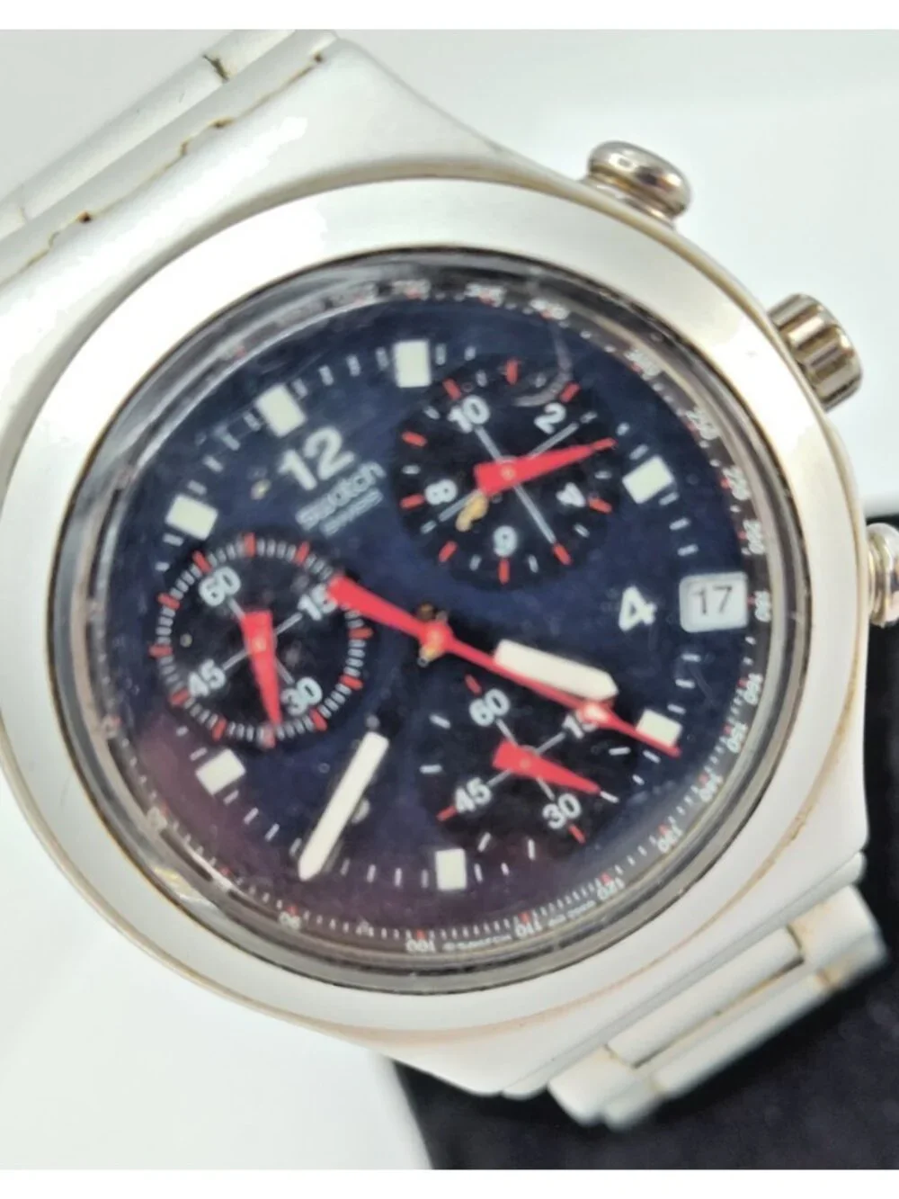 Swatch Irony Chronograph Swiss Made Watch Dark Blue Dial Runs New Battery